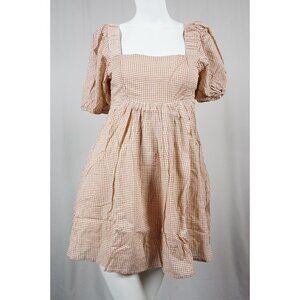 Miou Muse Plaid Mini Dress with Pockets Puff Sleeves Square Neck Womans SMALL